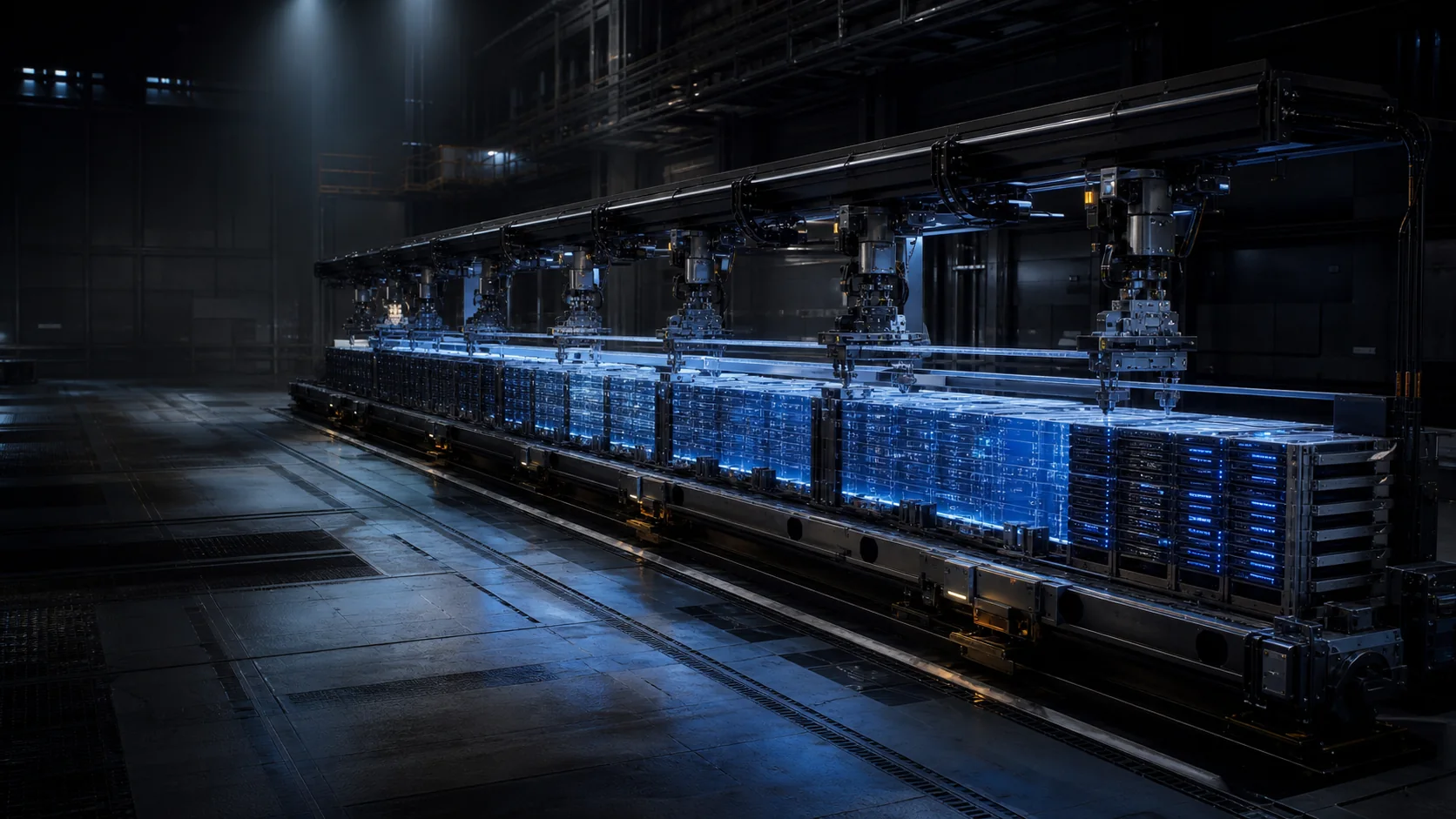 A black-steel software foundry assembling blue logic plates