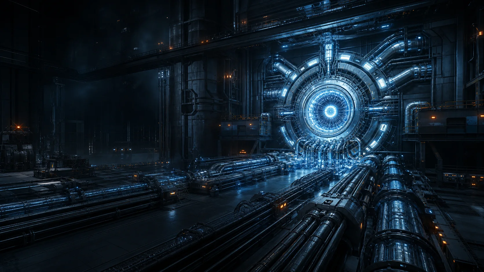 A blue reward core receiving energy through an industrial conduit
