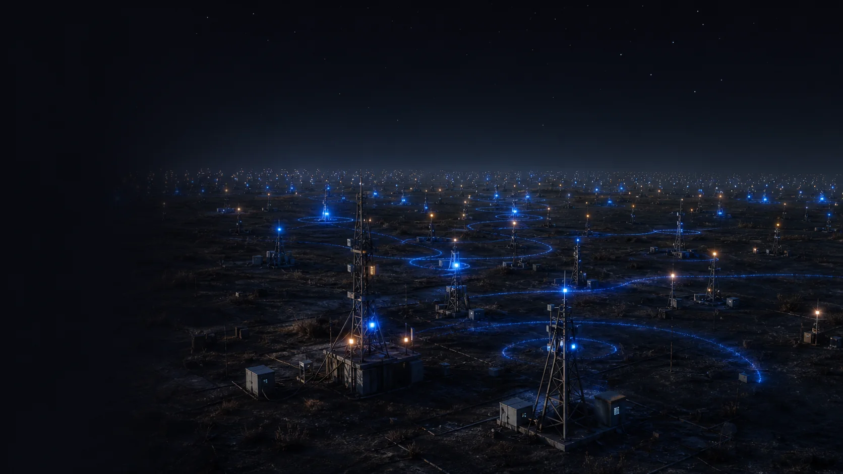 A decentralized field of community signal nodes glowing blue and amber