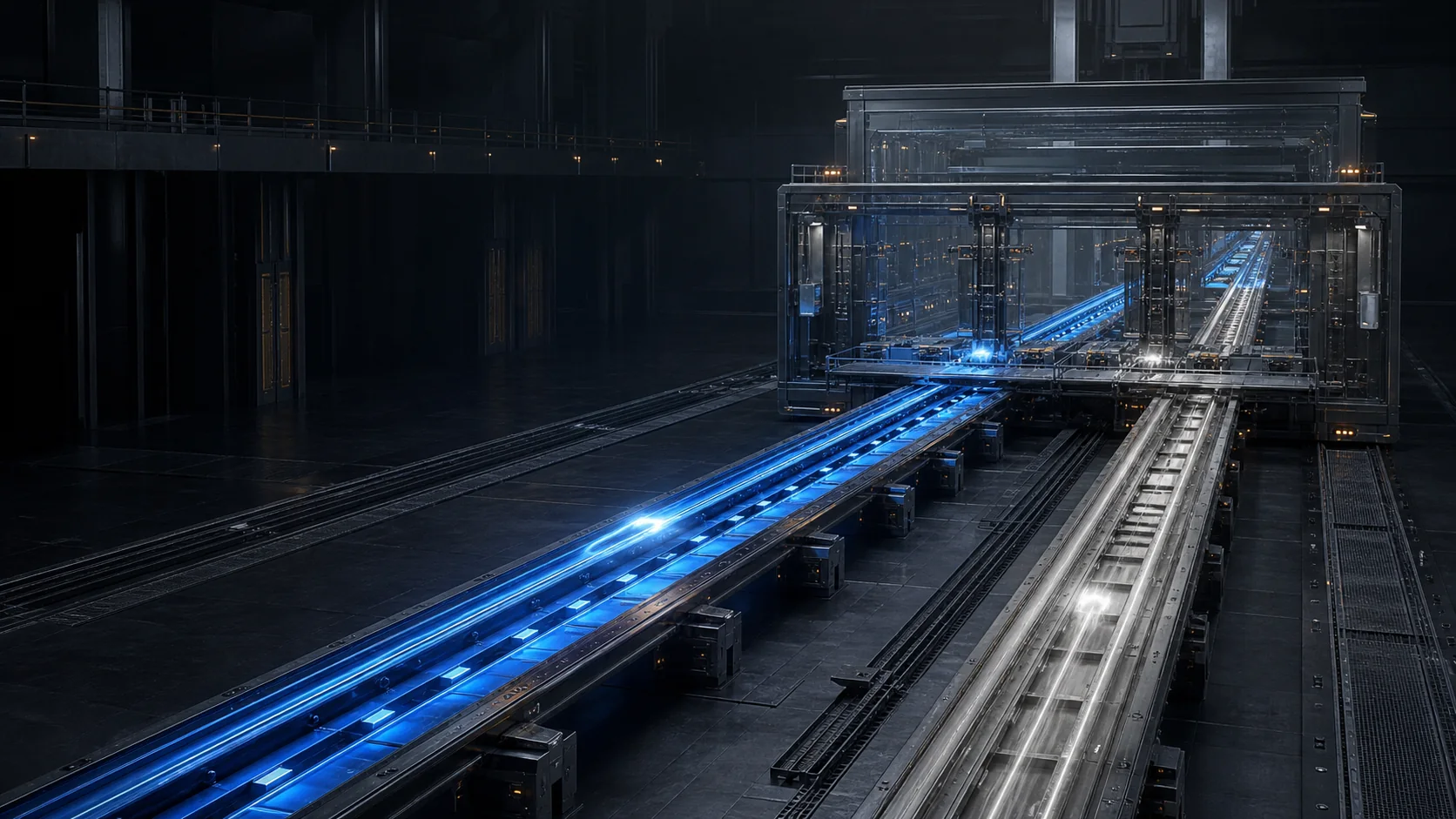 Blue and silver market rails meeting inside a transparent matching junction
